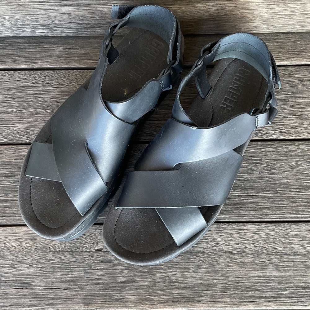 Camper Black Leather Platform Crossover Sandals
